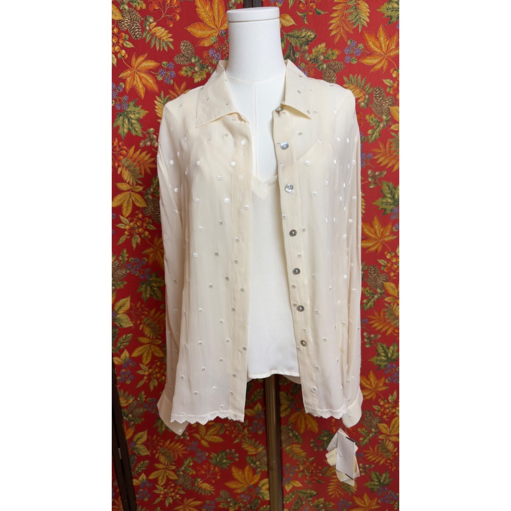 TESS 100% Silk Twin Set French Vanilla Polka Dot Lace Blouse Camisole XL NWT